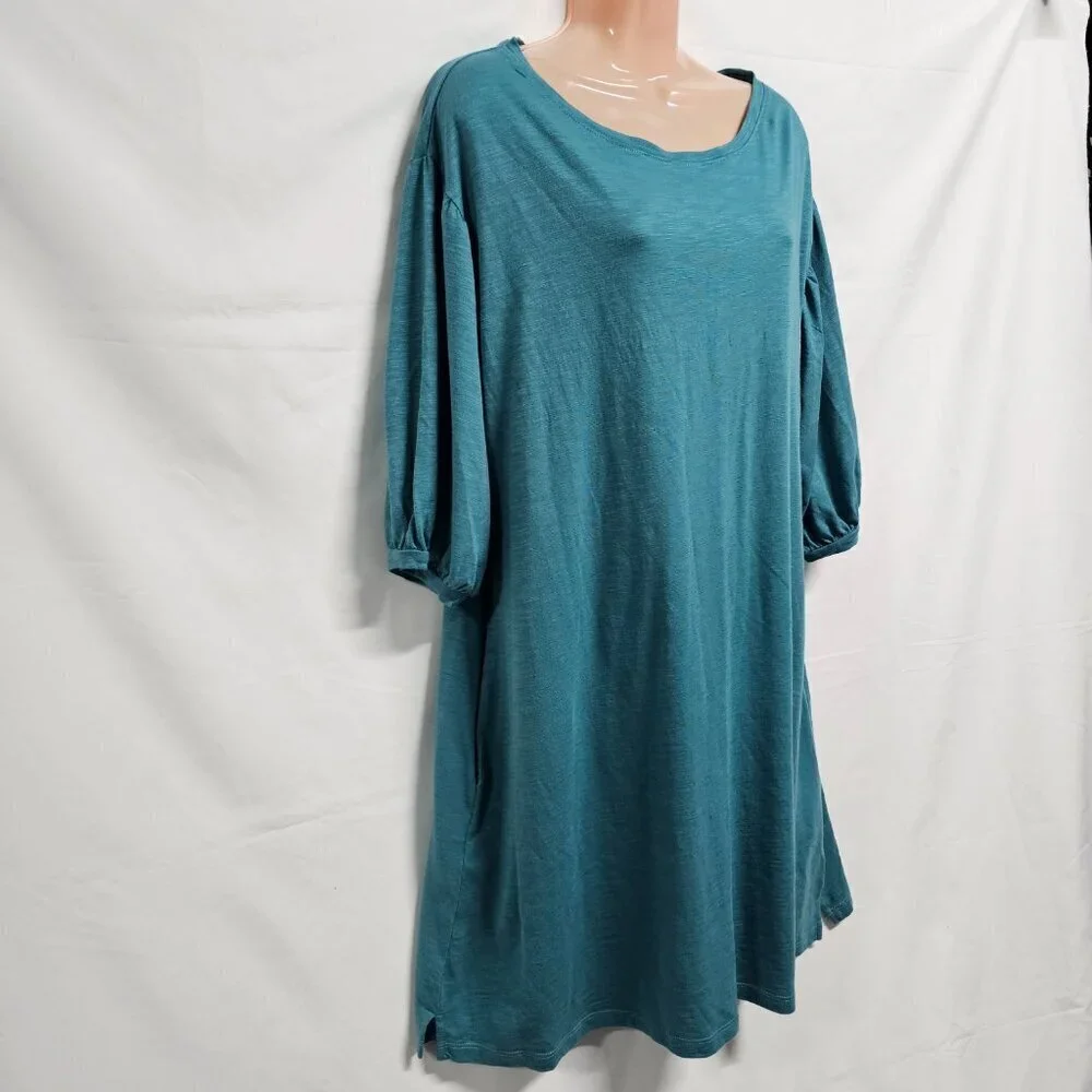 Peruvian Connection Women Short Tunic Dress Size L Teal Scoop Neck Puff Sleeve